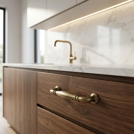 A close-up of a modern kitchen cabinet with dark wood grain and a polished antique brass drawer pull handle, set against a white marble countertop and backsplash.