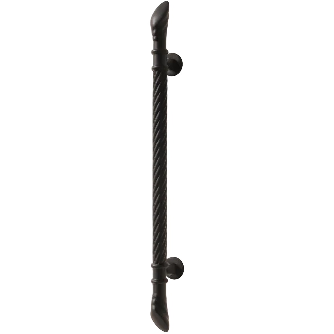 A single black twisted rope-style cabinet handle with round wall mounts, shown vertically against a plain white background.