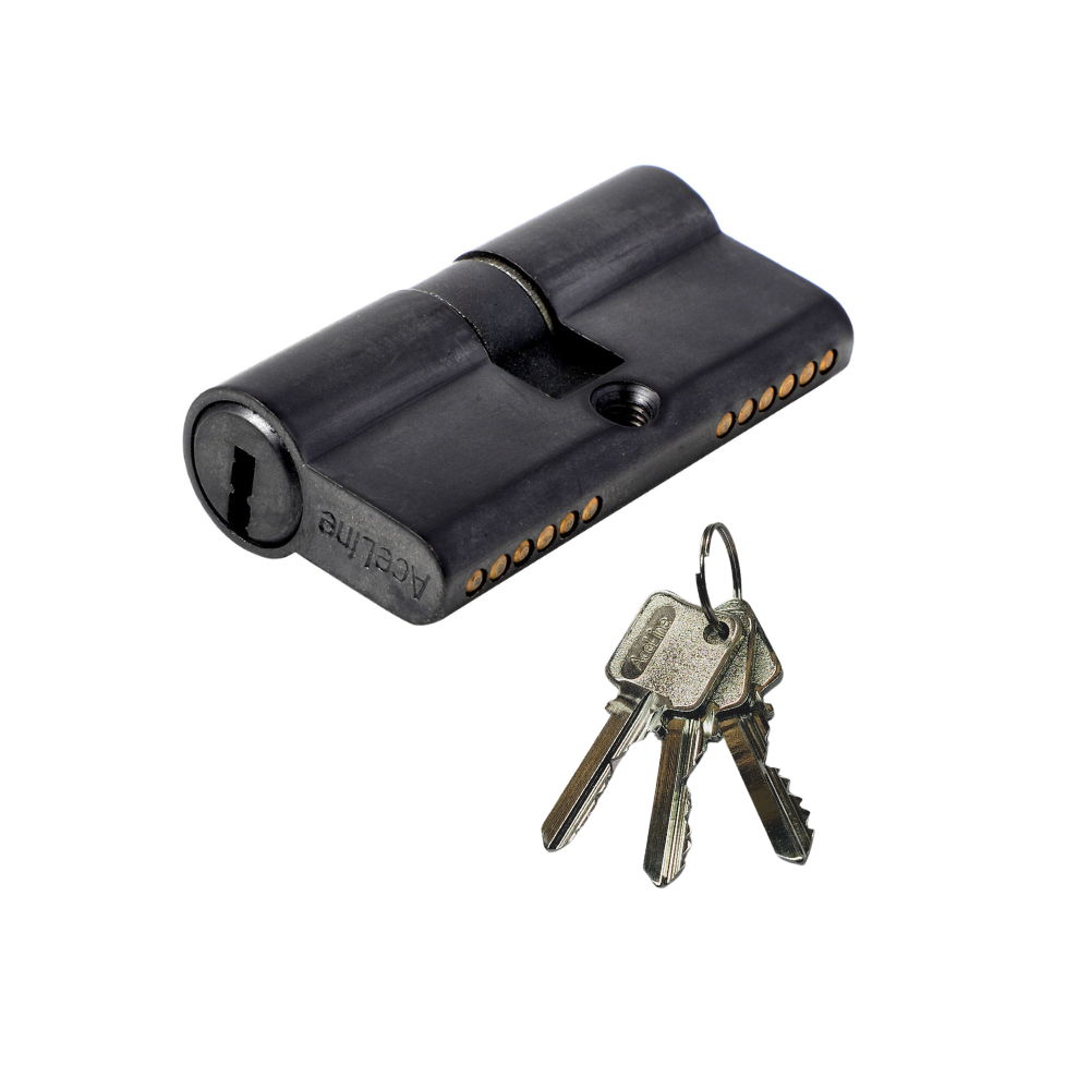 AceLine black brass cylinder lock with a Euro profile, displayed alongside three metal keys.