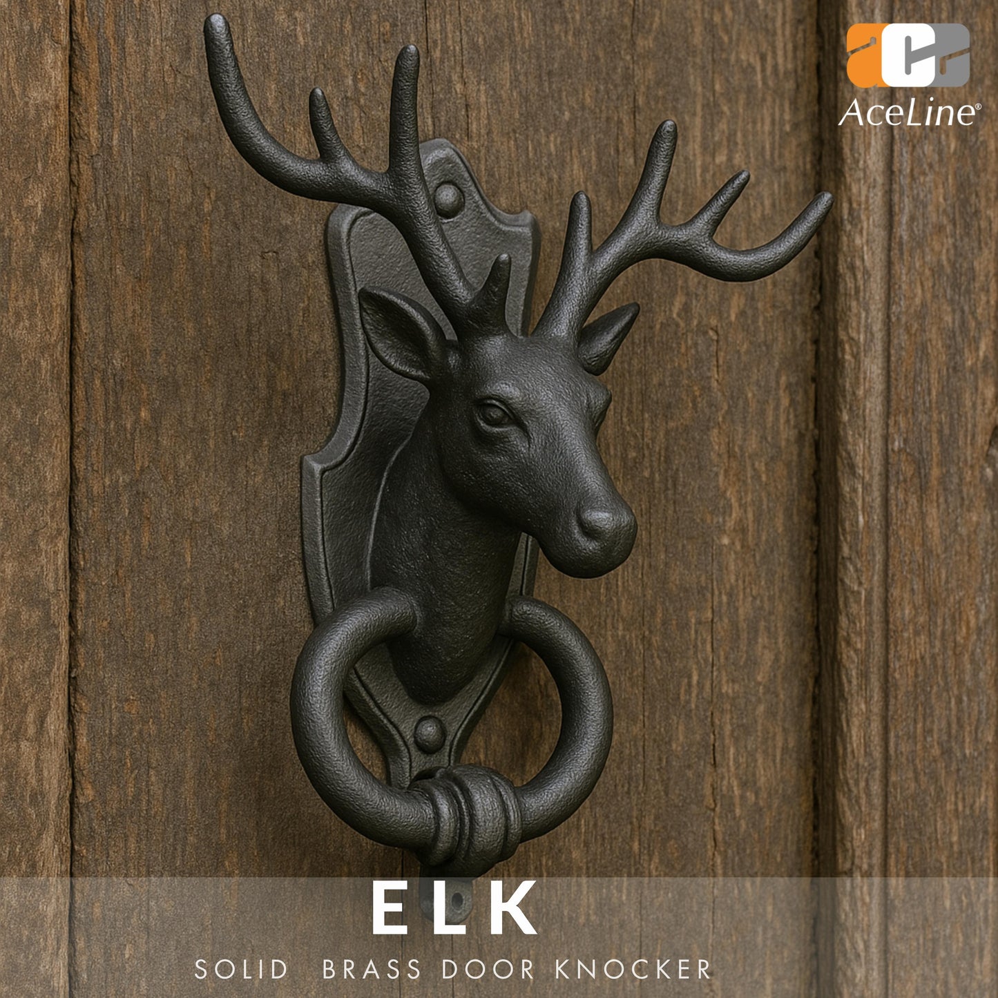 Elk-shaped solid brass door knocker on a wooden door with AceLine branding.