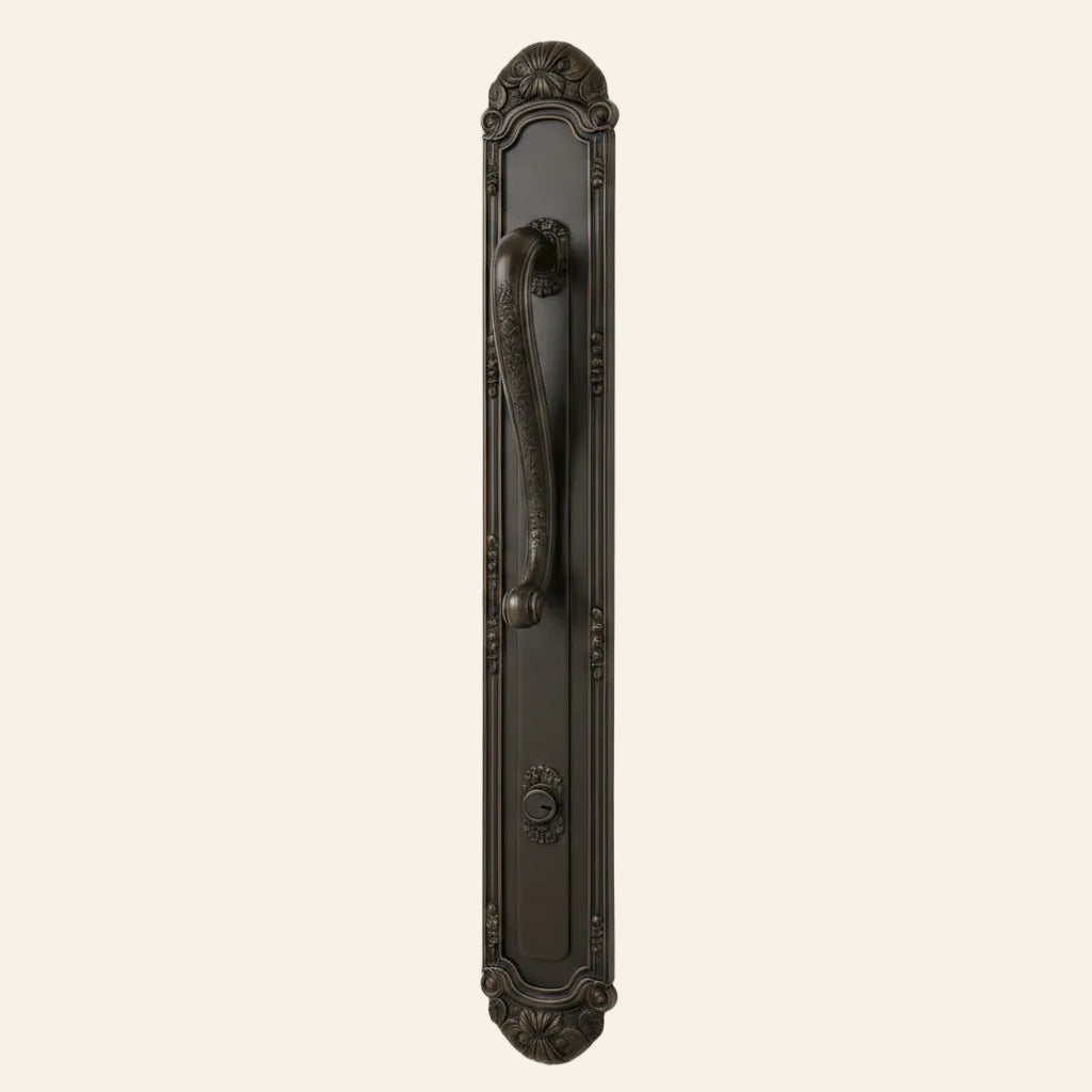 Wooden door with decorative handle and glass panel