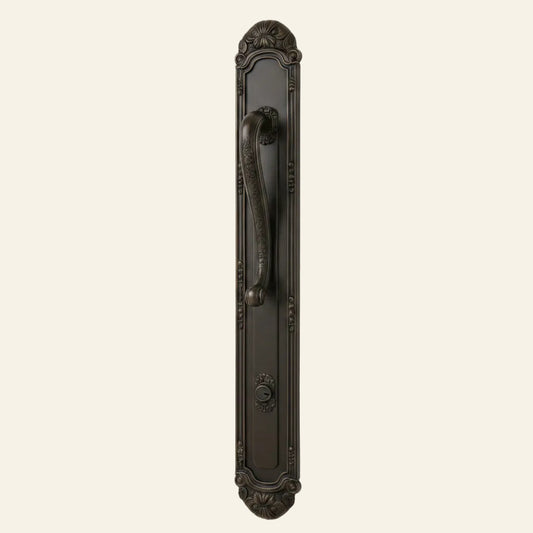 Wooden door with decorative handle and glass panel