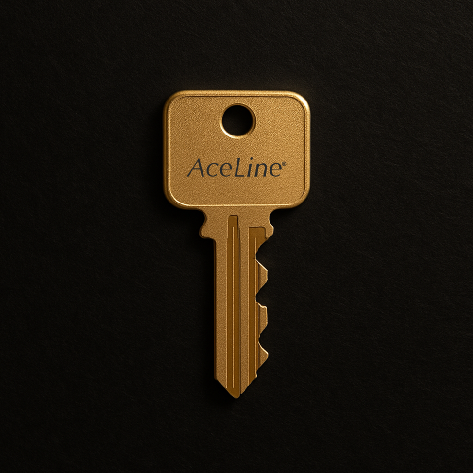 gold-colored brass master key with the brand name 'AceLine' inscribed on the top.