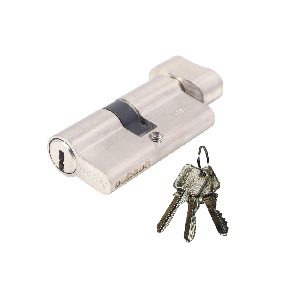 A black brass cylinder lock with a Euro profile, displayed alongside three metal keys.