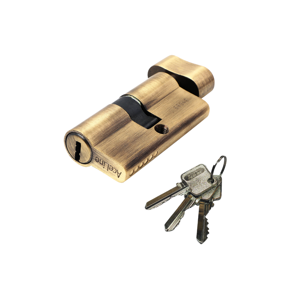 AceLine antique brass cylinder lock with a Euro profile, displayed alongside three metal keys.