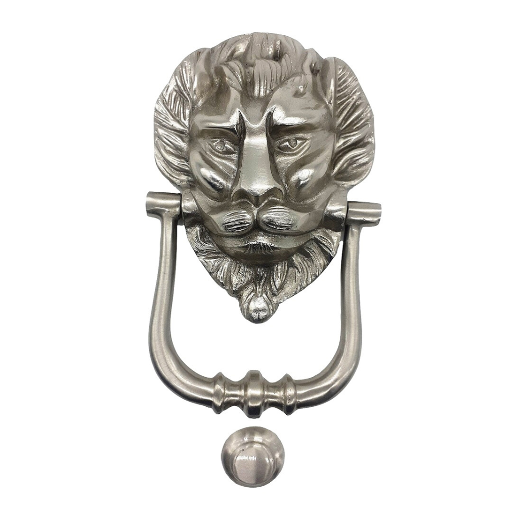 AceLine Silver lion head door knocker on a white background
