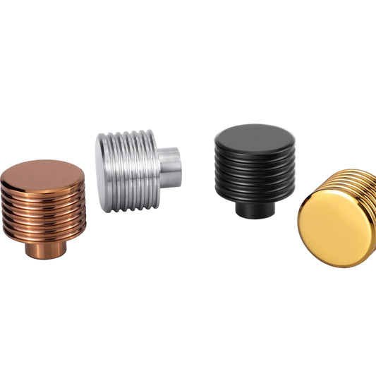AceLine collection of stainless steel furniture knobs in various finishes including natural, PVD, satin, and gold, with the brand 'aha!' prominently displayed.