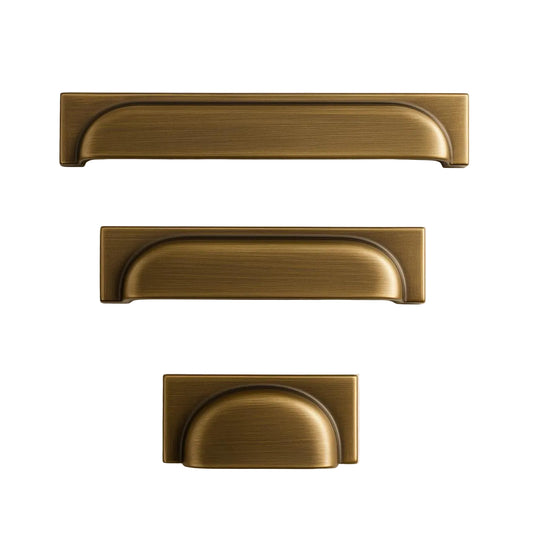 Three sizes of bronze cabinet handles with AceLine branding on a beige background