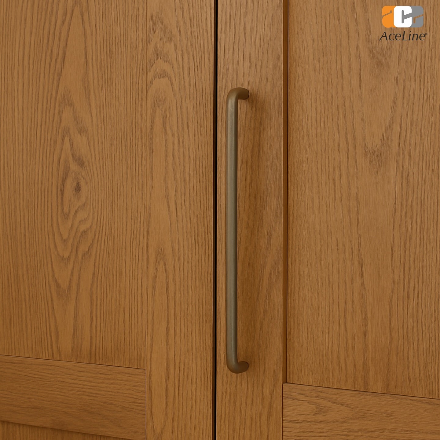 Wooden cabinet door with a brass cabinet handle, featuring the AceLine logo.