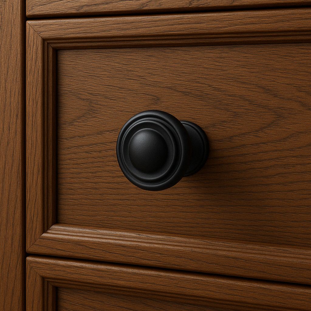 AceLine black aluminum drawer knob installed on a wooden drawer.