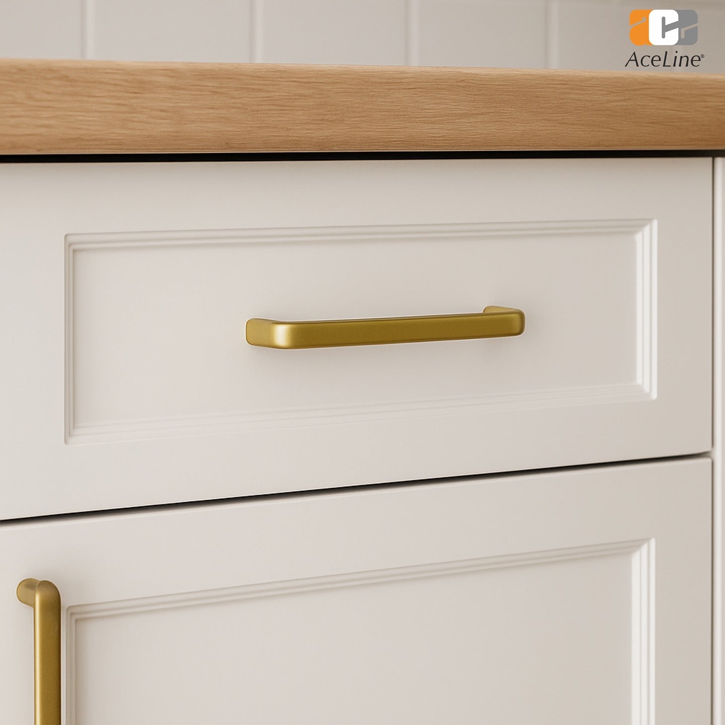 Close-up of a kitchen cabinet with white doors and gold handles, featuring the AceLine logo.