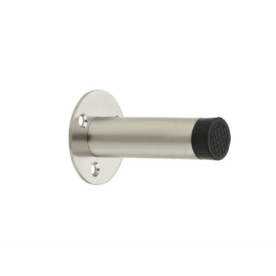 A stainless steel door silencer buffer with a brushed finish and a black rubber door stop.