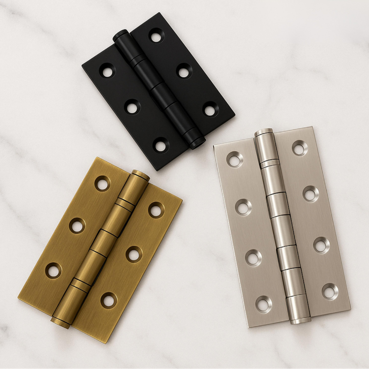 AceLine door hinges in black, gold, and silver on a white background