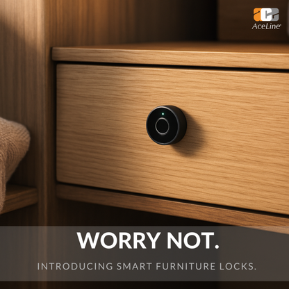 AceLine Smart furniture lock on a wooden drawer with promotional text.