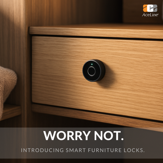 AceLine Smart furniture lock on a wooden drawer with promotional text.