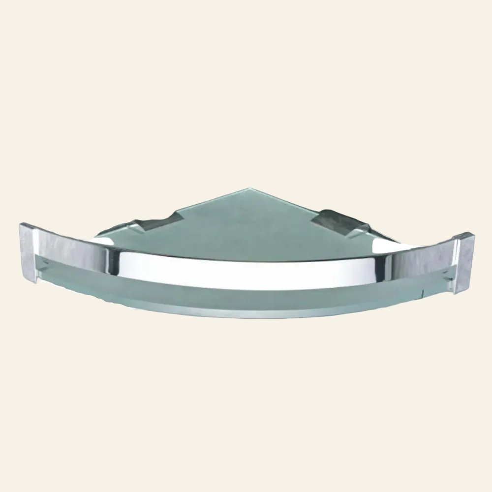 Corner glass shelf with metallic frame
