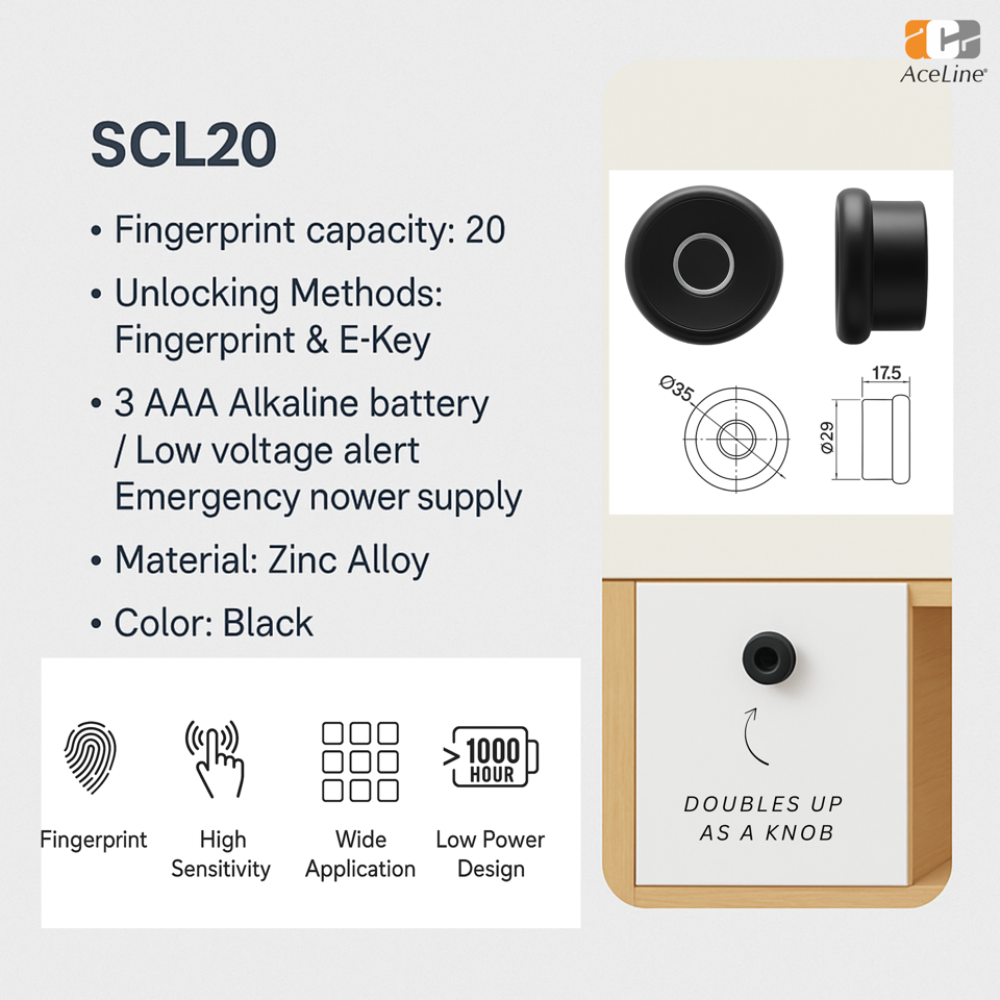 AceLine furniture lock with a green light indicating access������, and the text 'BIOMETRIC ACCESS. YOUR FINGER