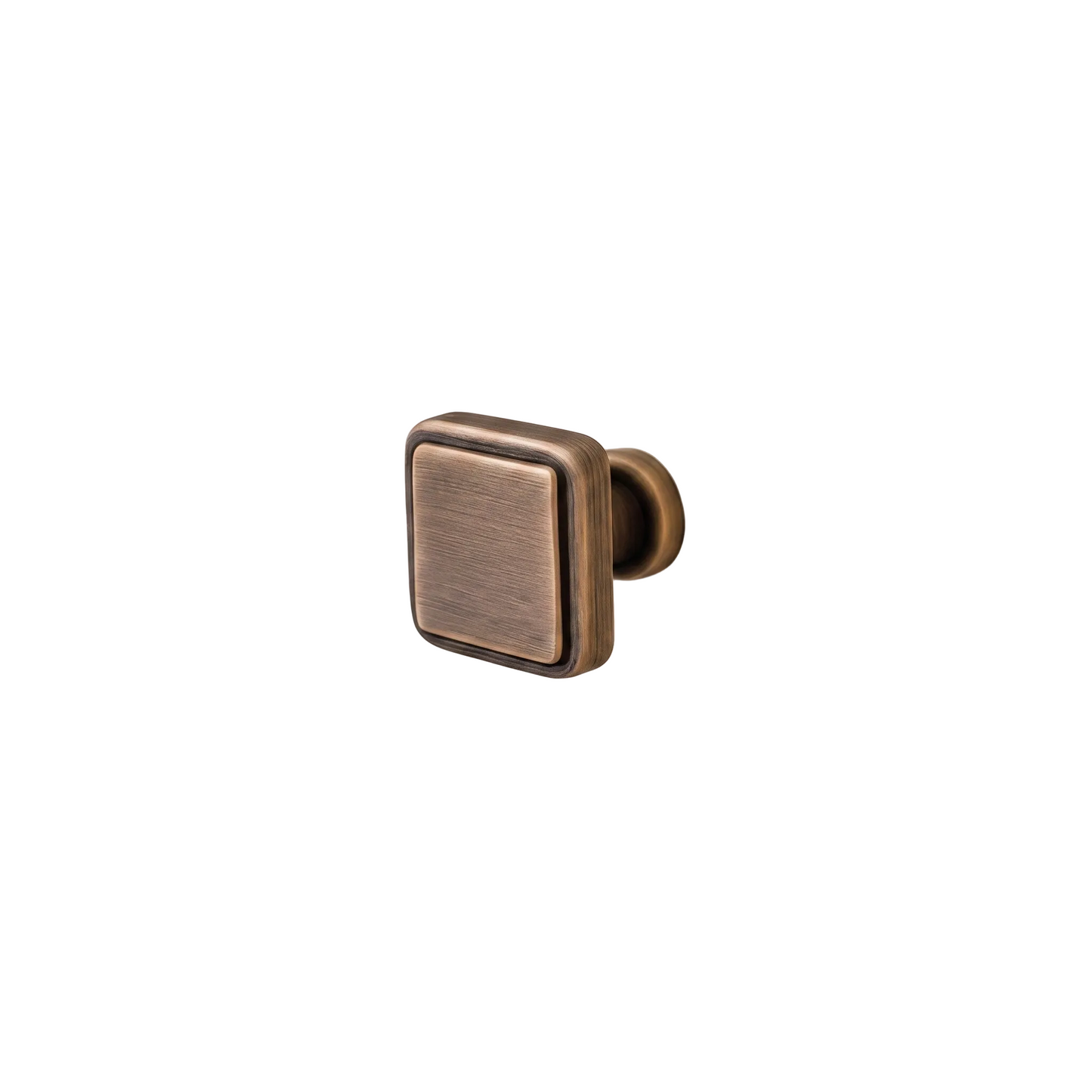 A square cabinet knob with a brushed metal finish in an antique bronze or gold tone, mounted on a plain off-white wall.