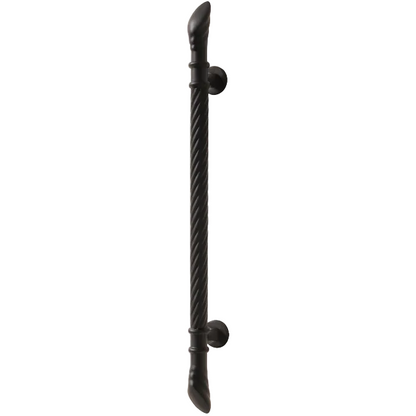 A single black twisted rope-style cabinet handle with round wall mounts, shown vertically against a plain white background.