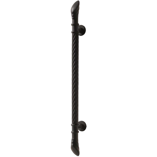 A single black twisted rope-style cabinet handle with round wall mounts, shown vertically against a plain white background.