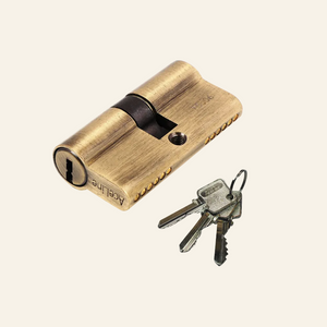 AceLine antique brass cylinder lock with a Euro profile, displayed alongside three metal keys.