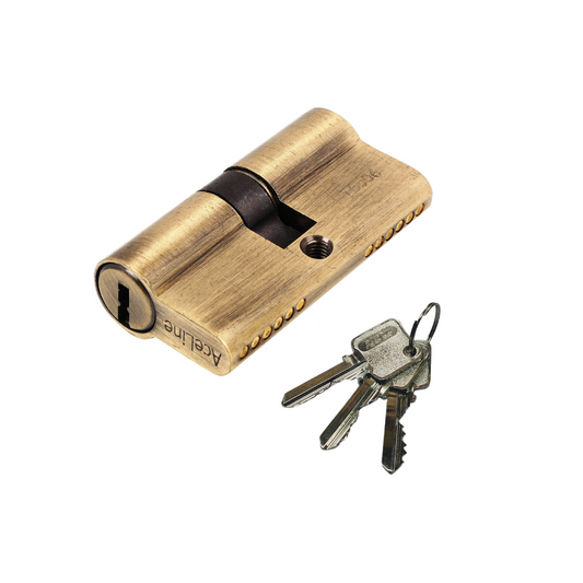 AceLine antique brass cylinder lock with a Euro profile, displayed alongside three metal keys.