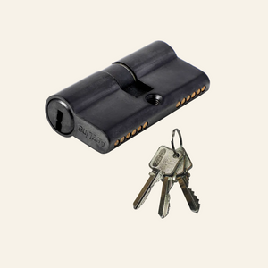 AceLine black brass cylinder lock with a Euro profile, displayed alongside three metal keys.