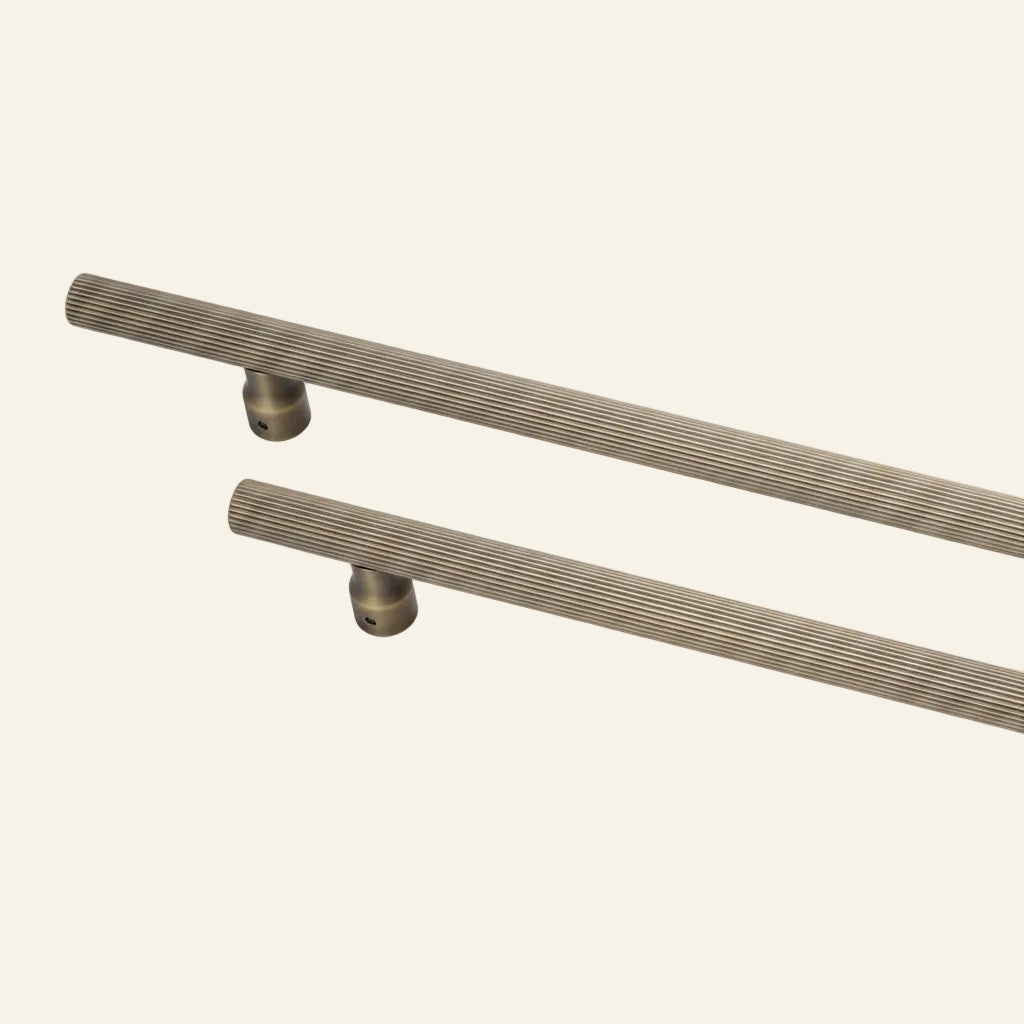 Two solid brass pull handles with a lined design, marked as 'Boston' and 'AceLine', indicating Sizes Available;s available.
