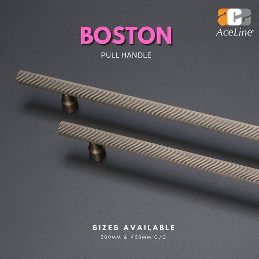 Two solid brass pull handles with a lined design, marked as 'Boston' and 'AceLine', indicating sizes available.