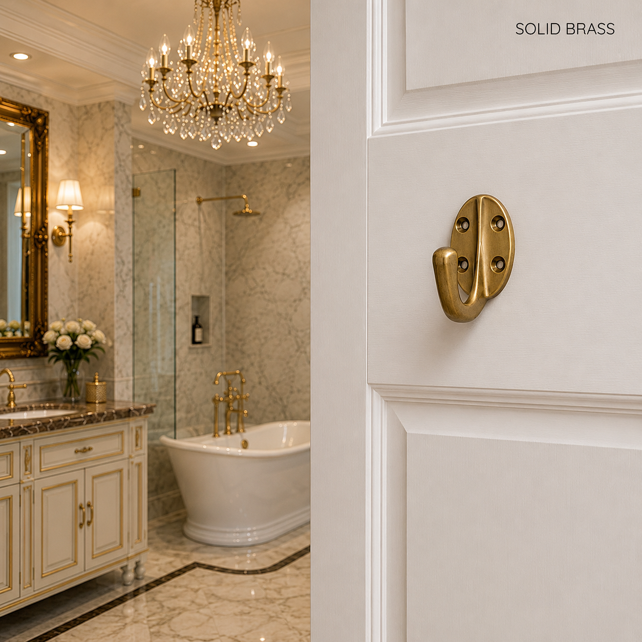 A close-up of a polished solid brass door pull handle mounted on a white paneled door, with a luxurious bathroom interior visible in the background featuring a marble tub, chandelier, and vanity.