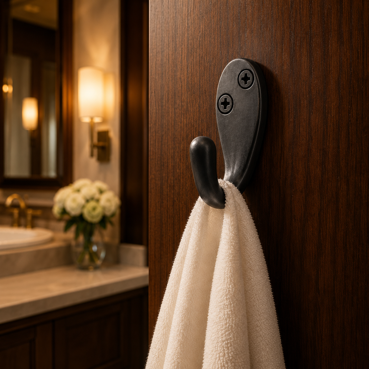 A matte black bathroom towel hook mounted on a dark wood door, holding a white towel. The background shows a softly blurred warm bathroom interior with a vanity, mirror, and sconces.
