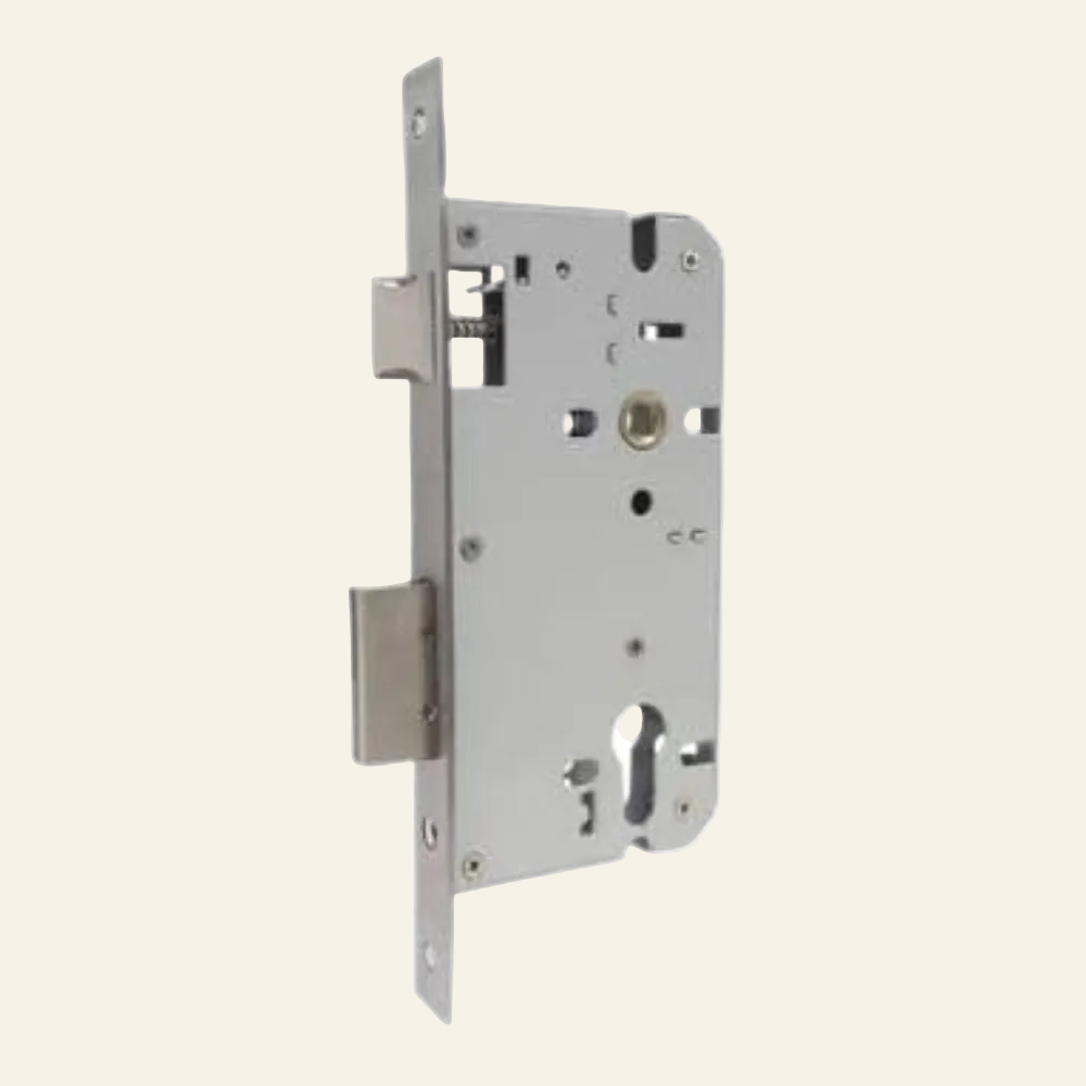 Metal door lock mechanism on a white background