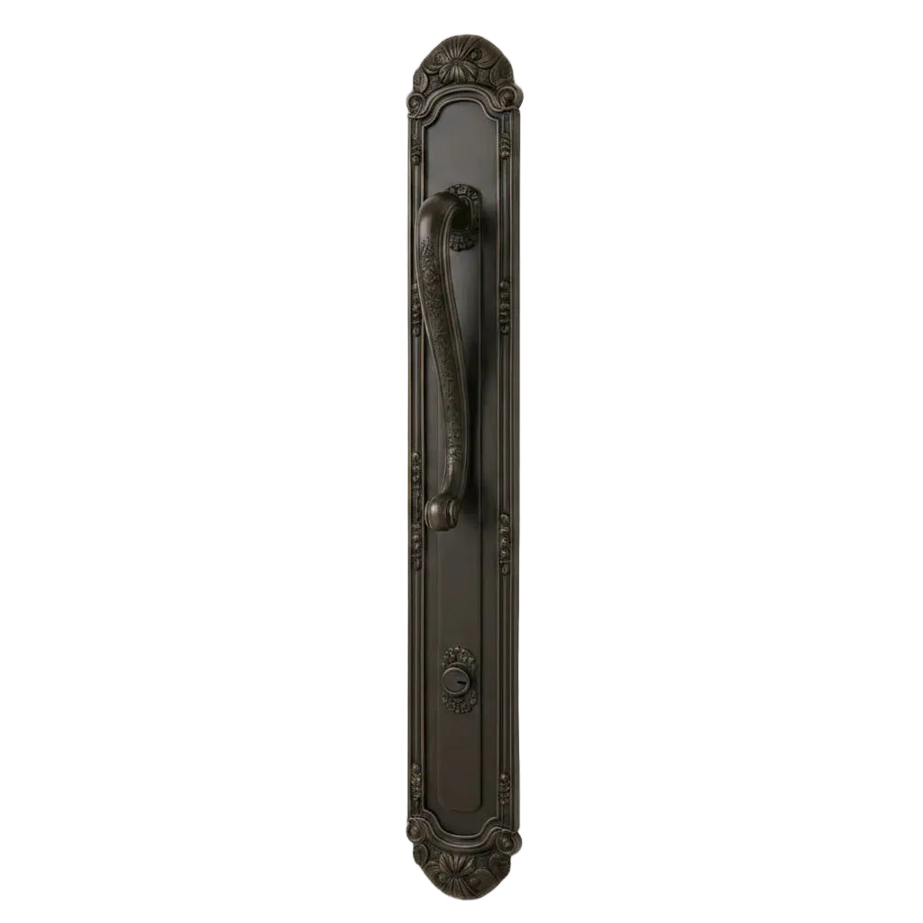 Wooden door with decorative handle and glass panel