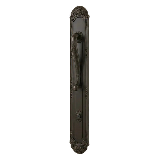 Wooden door with decorative handle and glass panel