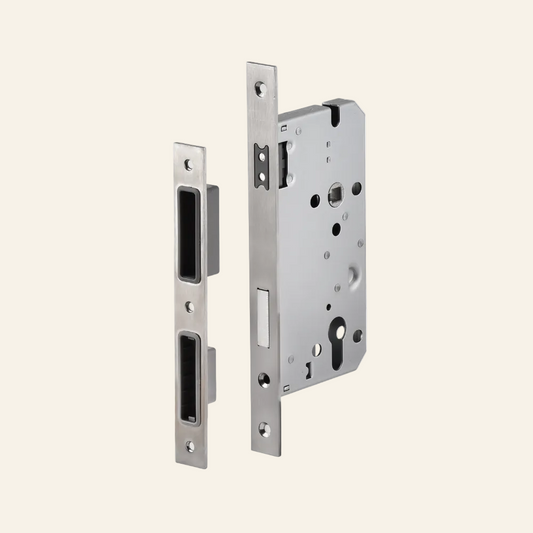 Metal door lock mechanism on a white background