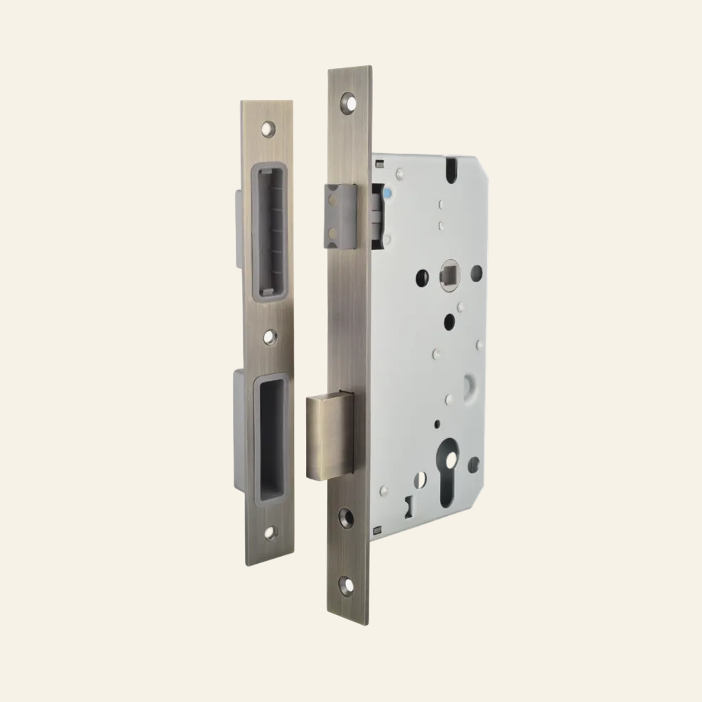 Metal door lock mechanism on a white background