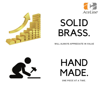 Advertisement for AceLine solid brass products with gold bars and a hammer, emphasizing 'Solid Brass', 'Hand Made', and 'One Piece at a Time'.