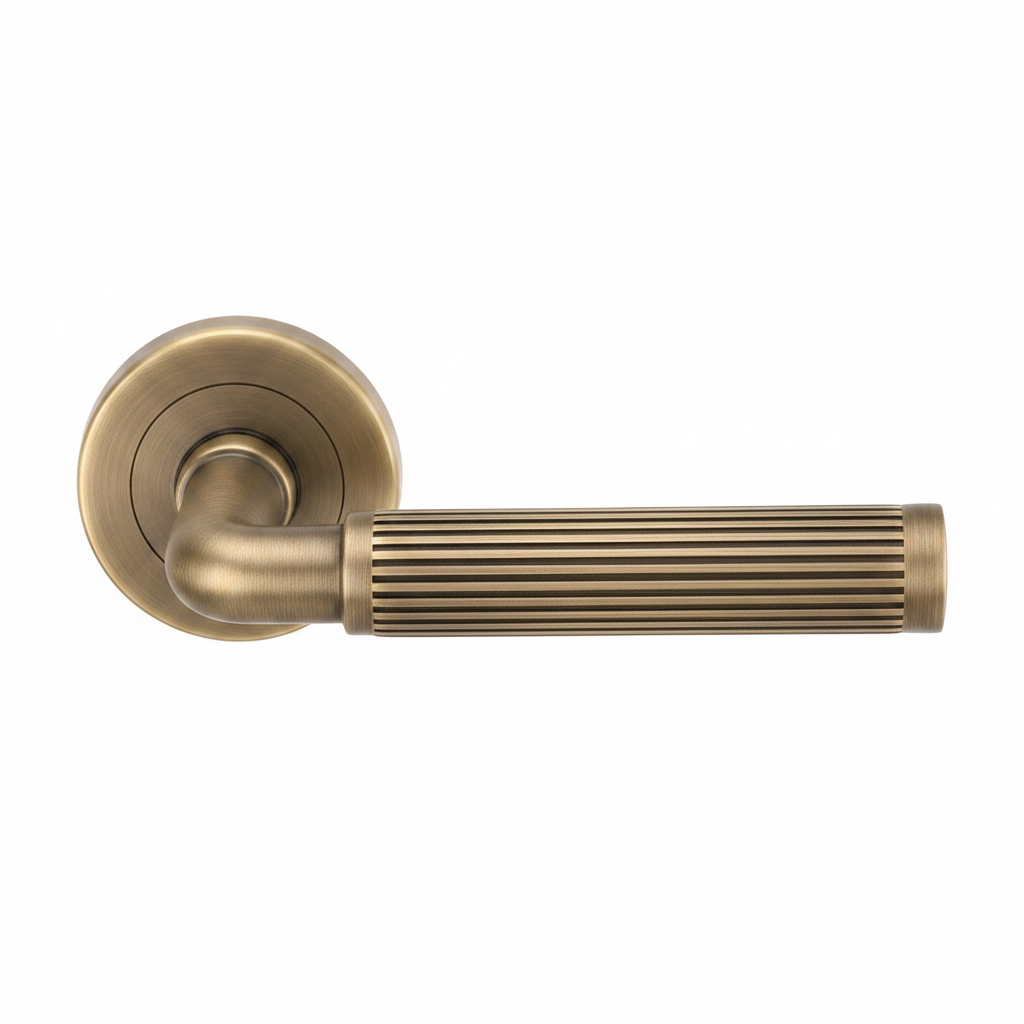 Bronze door handle with features listed below on a white background
