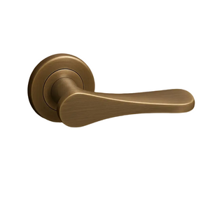 Brass door handle on a wooden door with AceLine branding and 'NOA' product name.