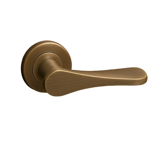 Brass door handle on a wooden door with AceLine branding and 'NOA' product name.