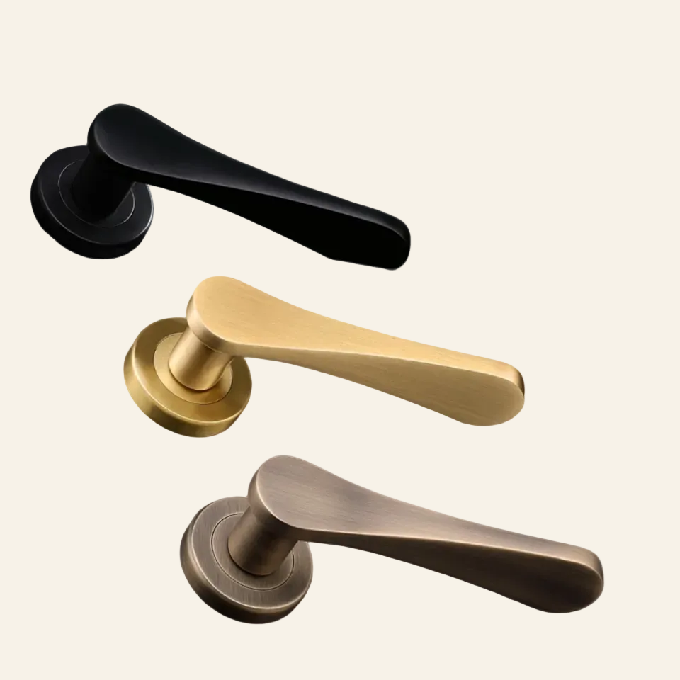 Door handles in black, gold, and bronze on a dark background with 'NOA' and 'AceLine' branding.