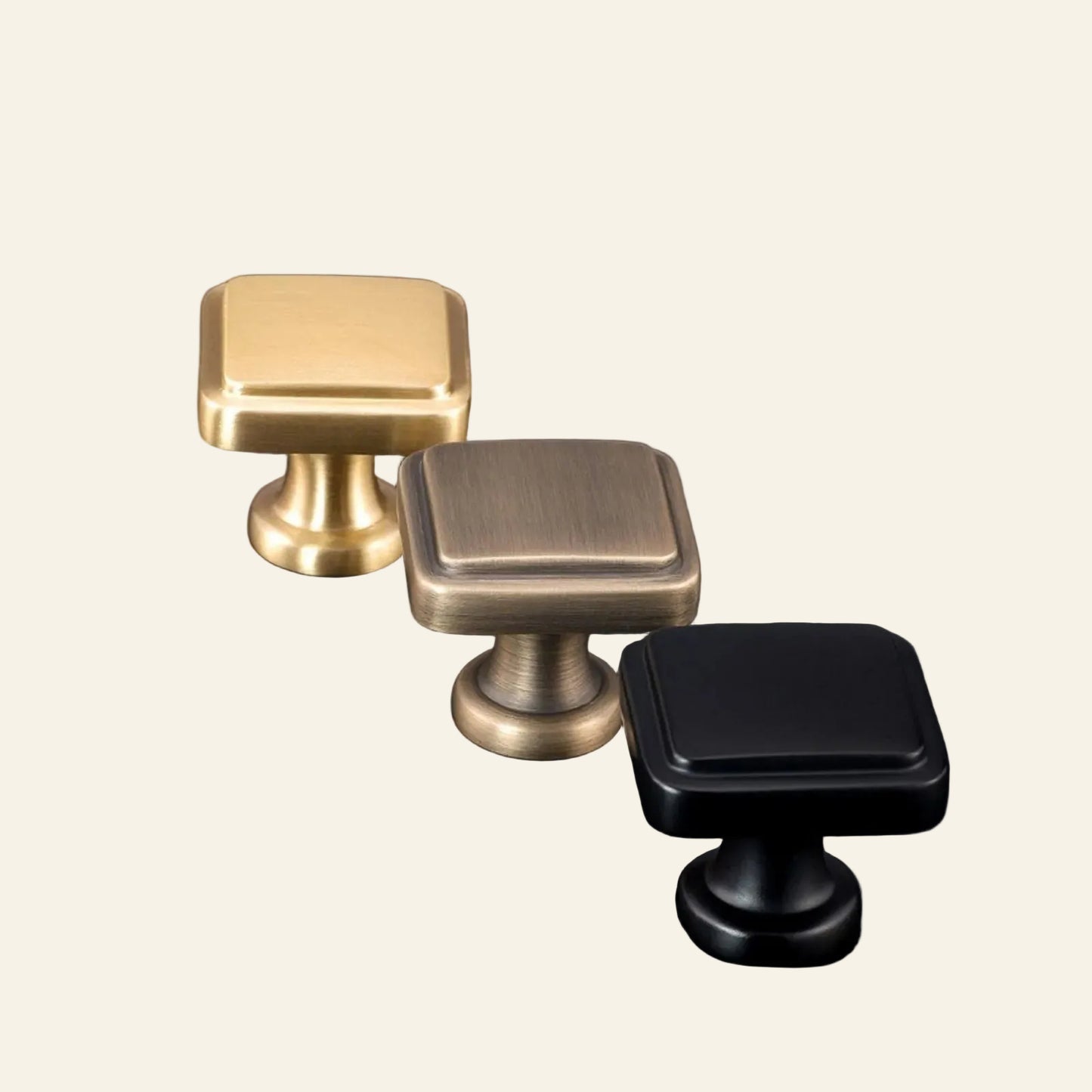 Three cabinet knobs in satin brass, English bronze, and powder coated black on a dark background with AceLine branding.