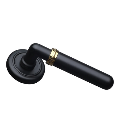 Black brass lever handle with gold accent on a gray background, featuring AceLine brand.