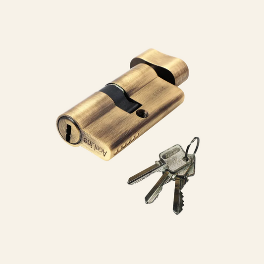 AceLine antique brass cylinder lock with a Euro profile, displayed alongside three metal keys.