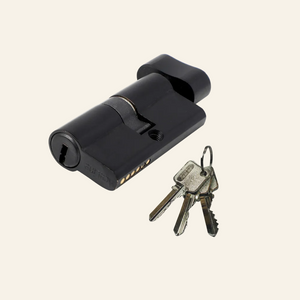 AceLine black brass cylinder lock with a Euro profile, displayed alongside three metal keys.