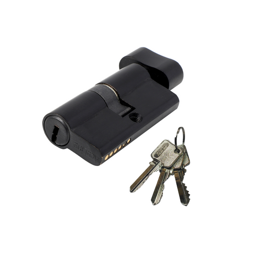 AceLine black brass cylinder lock with a Euro profile, displayed alongside three metal keys.