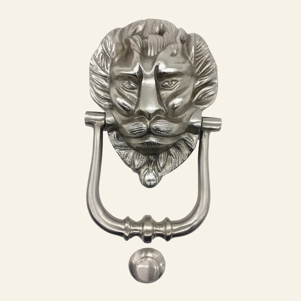 AceLine Silver lion head door knocker on a white background
