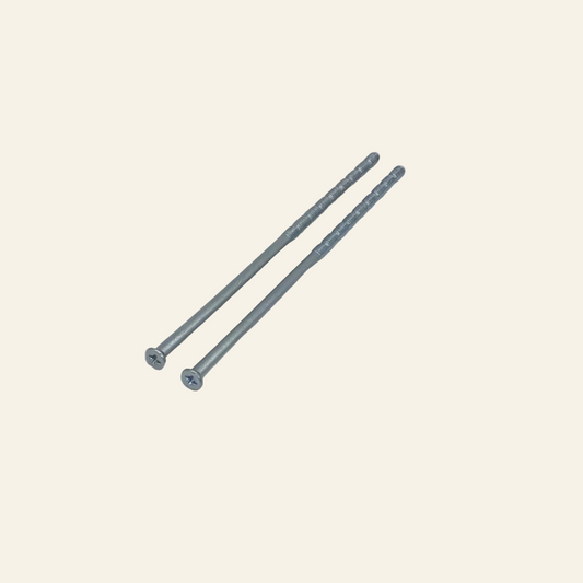 Two silver-colored cut groove screws with a satin nickel finish, placed side by side on a white background.