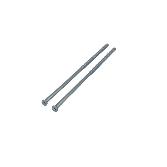 Two silver-colored cut groove screws with a satin nickel finish, placed side by side on a white background.