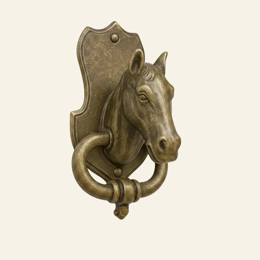 AceLine solid brass door knocker in the shape of a horse's head, with a textured background and a logo in the top right corner.